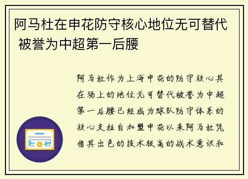 阿马杜在申花防守核心地位无可替代 被誉为中超第一后腰 阿马杜在申花防守核心地位无可替代 被誉为中超第一后腰